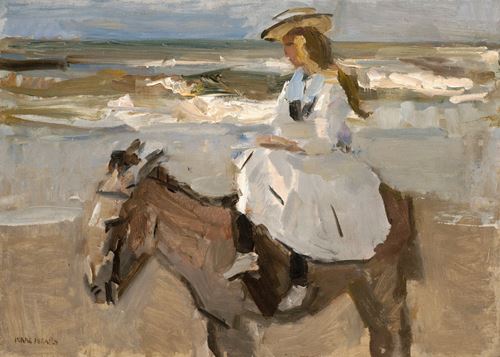 Meisje op een ezeltje aan het Scheveningse strand