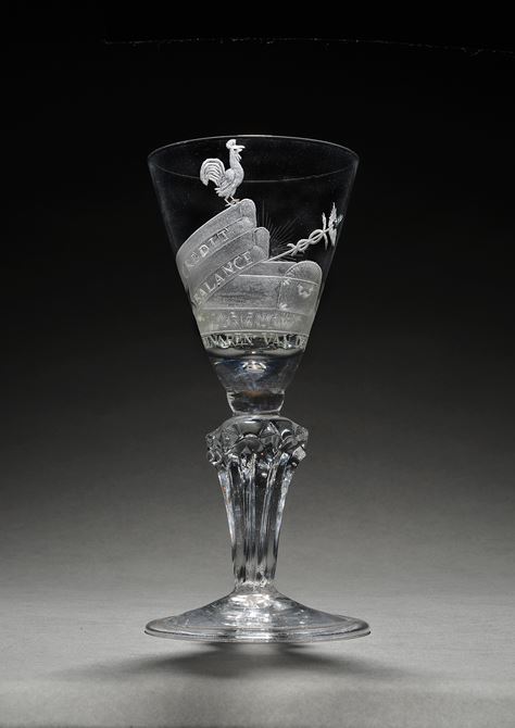 Ceremonial goblet with wheel engraving of a toast to the art of bookkeeping and trade with the inscription CREDIT, BALANCE and T WELVAREN VAN DE NEGOTIE