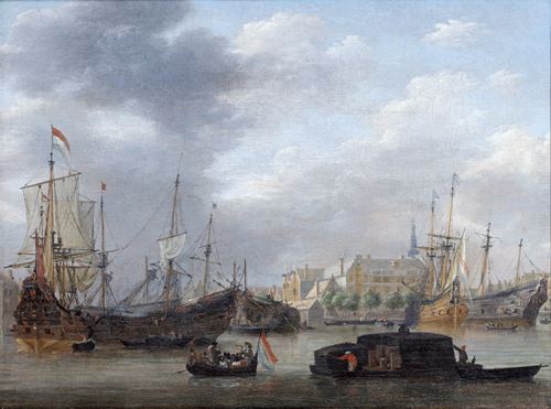 Gezicht op de Amsterdamse haven met het West Indisch Huis en de Peper Werf  op het Rapanburg Eiland, circa 1654.