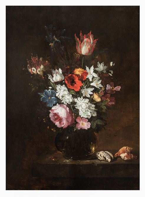 A Rose, Tulip, Iris, Poppies, Honeysuckle, and other Flowers in a Glass Vase with Seashells on a Ledge