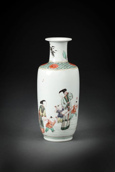 Famille-verte porcelain small rouleau vase
