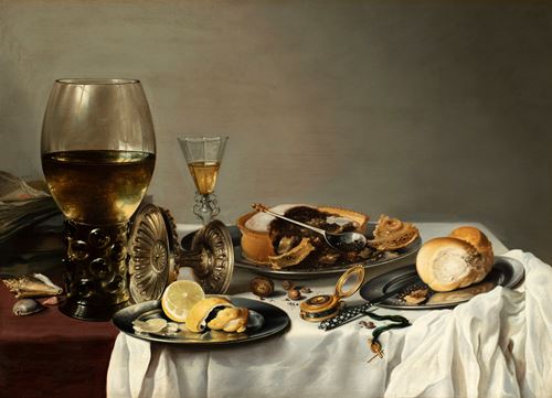 “Still life with a roemer, silver tazza, a peeled lemon, a watch, meat pie,  a loaf of bread and shells on a white table cloth”