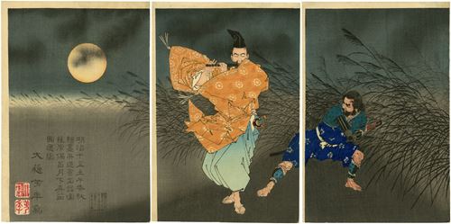 Fujiwara no Yasumasa bespeelt de fluit bij maanlicht, een schildering getoond tijdens de tentoonstelling ter bevordering van schilderkunst in de herfst van 1882. Triptiek