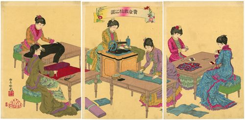 Illustratie van dames die aan het naaien zijn. Triptiek.