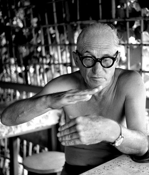 Le Corbusier at his holiday hut, Roquebrune-Cap-Martin, 1953