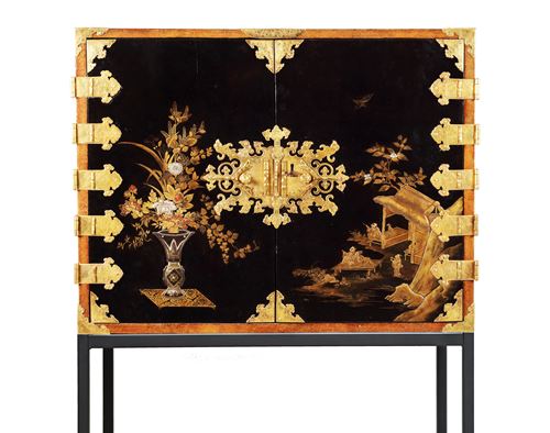 An extremely fine Japanese lacquer cabinet with gilt-copper mounts for the European market