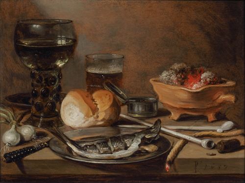 Tobacco Still-Life with Herring and a Bread Roll.