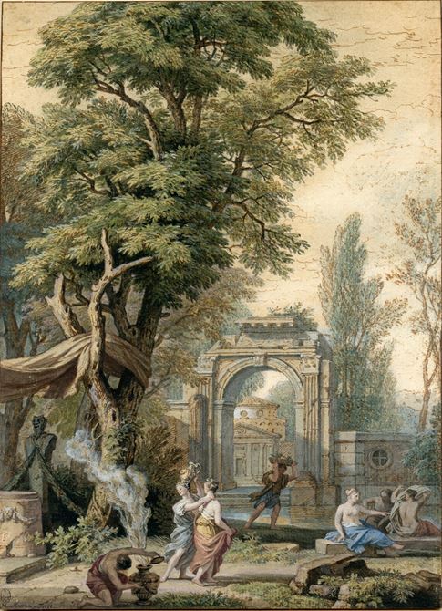 A Classical landscape with a Mythological offering scene