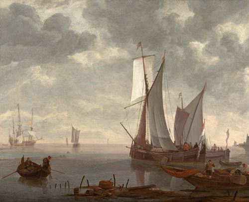 A Coastal Landscape with Fishermen preparing their Boats at Dawn