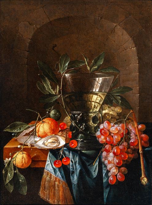 Stilleven in een nis, met een Berkemeier ( 16e eeuws glas ), sinaasappels, kersen, druiven en een oester