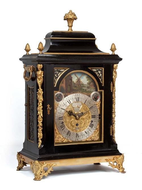 An English ebonised table clock with musical mechanism and automaton, Daye Barker London, circa 1760.