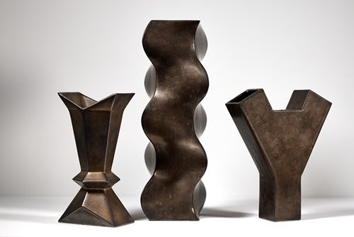 Jan van der Vaart (1931-2000), abstract geometric, bronze glazed, earthenware designs of  multiples