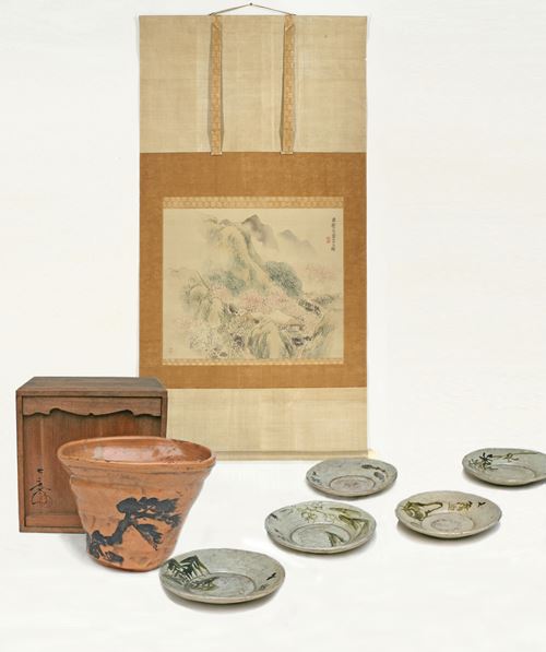 Spring landscape with flowering cherry trees , Vegetables, set of 5 plates and a pine on a rock