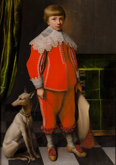 Portrait of an Eight-Year-Old Boy with a Whippet on a Checkerboard Floor