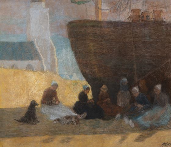 Nettenboetsers in de schaduw van een bomschuit ca. 1891