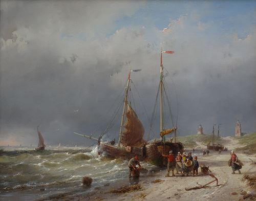 Vissersboten op het strand bij Scheveningen, 1853