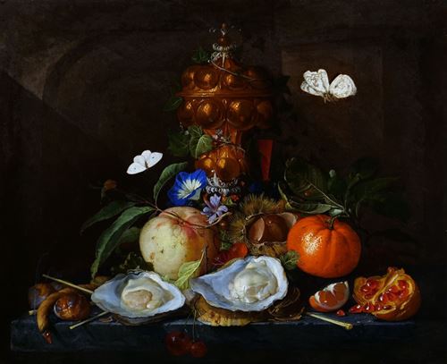 A Still Life with Oysters, Butterflies, various Fruits and a gilded Hanap
